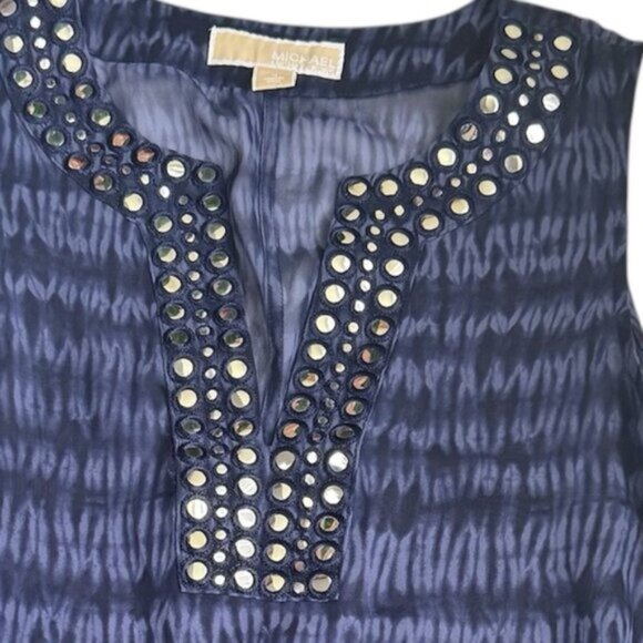 Michael Kors Beaded Asymmetrical Boho Top VNeck Lightweight Blouse Print Blue S - Picture 10 of 16